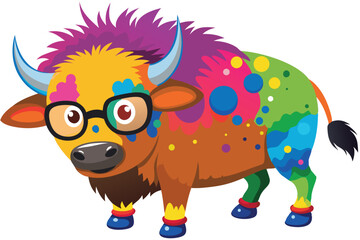 Colorful artistic bison    colorful paint splatters on white background.