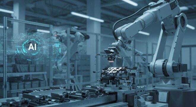 Artificial intelligence powering a robotic arm in a modern factory, part of an automated production line with ai hud graphic overlay for industrial automation and future technology concept. - Powered by Adobe