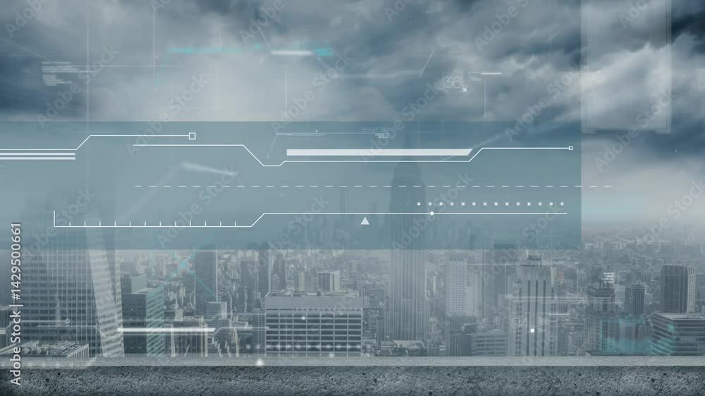 Poster 3d render hud overlay scanning urban skyline from rooftop edge, showing geometric lines and bars