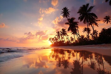 Fototapeta premium tropical shore at sunset with palm trees sky hues 