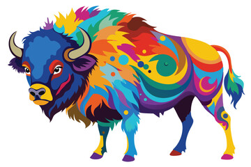 Colorful artistic bison    colorful paint splatters on white background.
