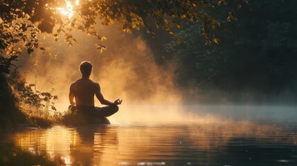 man practicing meditation in the early morning mist near a peaceful river © Firadoaw