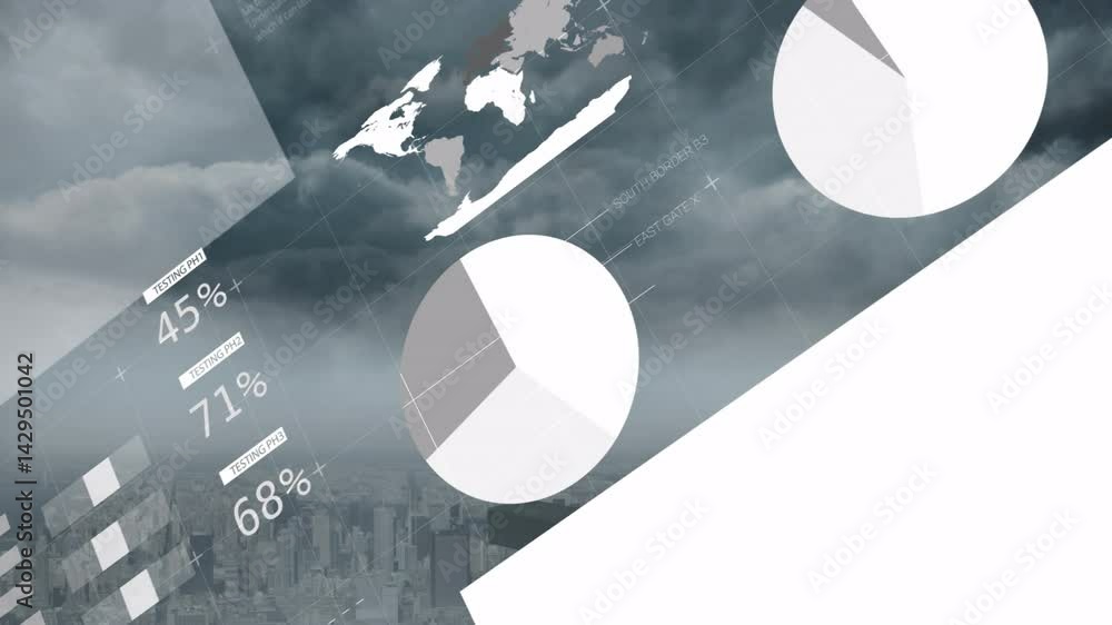 Aufkleber city skyline animating under stormy clouds with translucent bands and data charts in flat design