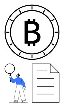Bitcoin logo inside clock, person holding magnifying glass examining next to document. Ideal for cryptocurrency, analysis, technology, finance, blockchain, digital investment time. Flat simple