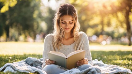 Obraz premium young woman reading a book on a blanket in a peaceful park with green grass and sunlight