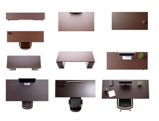 top down view chocolate brown office desk set for floor plan collages. isolated, transparent background