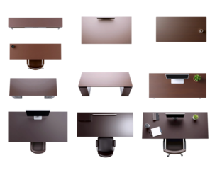 top down view chocolate brown office desk set for floor plan collages. isolated, transparent background