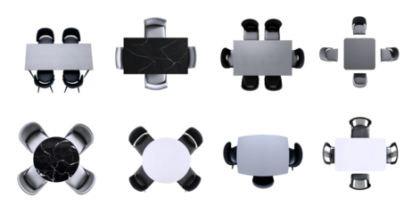top down view marble and stone black and grey graphitewith velvet chairs set for floor plan collages. isolated, transparent background