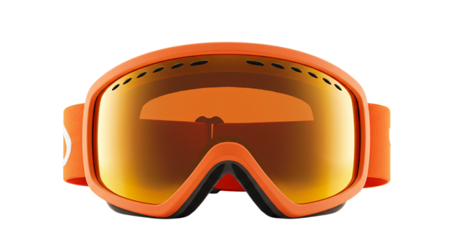 A front view of orange ski goggles with reflective lenses on a black background in a studio shot