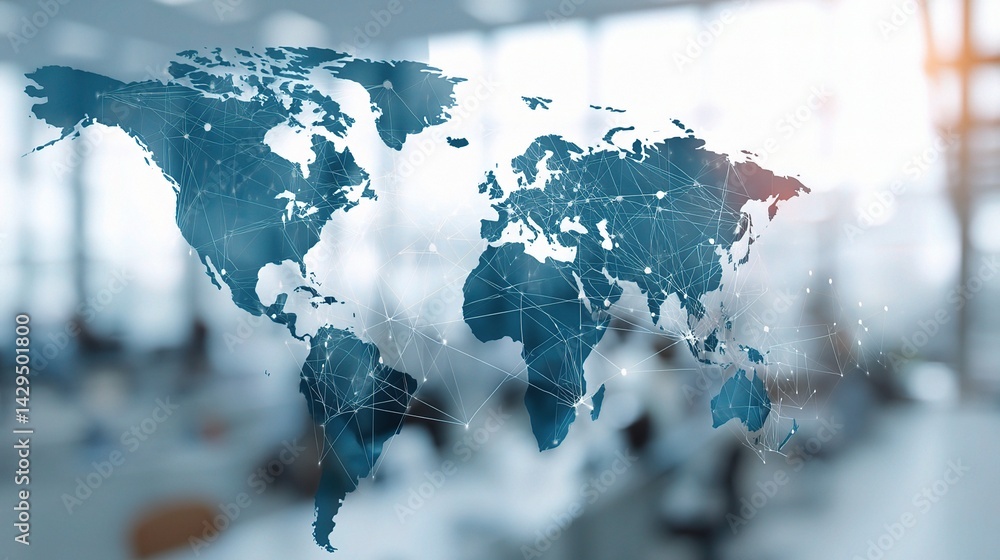 Poster blurred office scene with world map network overlay in background