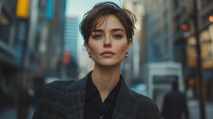 woman with short hair wearing a tailored blazer and chic accessories, walking through a metropolitan street