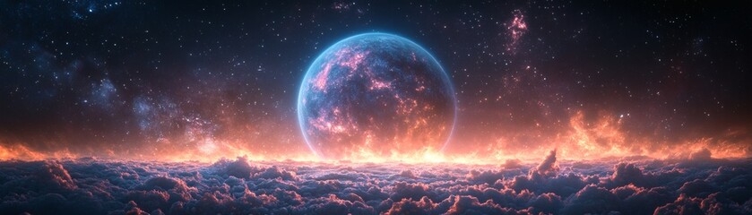 A celestial event of immense scale, featuring a fiery and ethereal spectacle. In the foreground, a field of fluffy, white clouds sprawls across a vast landscape. Above.