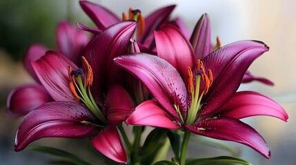 Naklejka premium Closeup of Dark Pink Lilies, Vibrant Flowers, Botanical Beauty