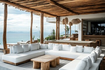 Fototapeta premium A beach club hotel lounge with white sofas and wooden structures, featuring an open-air design overlooking the sea Generative AI