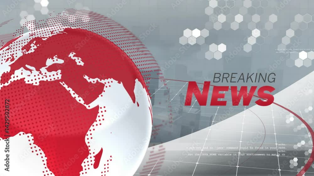 Poster stylized red-and-white halftone globe spinning at left with breaking news text and 3d grid floor