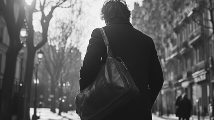 man wearing a monochrome outfit with a leather bag, strolling along a scenic city street lined with trees