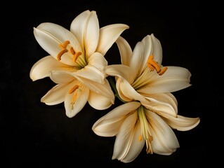 Fototapeta premium Elegant Cream Lilies Dark Background Floral Still Life Photography