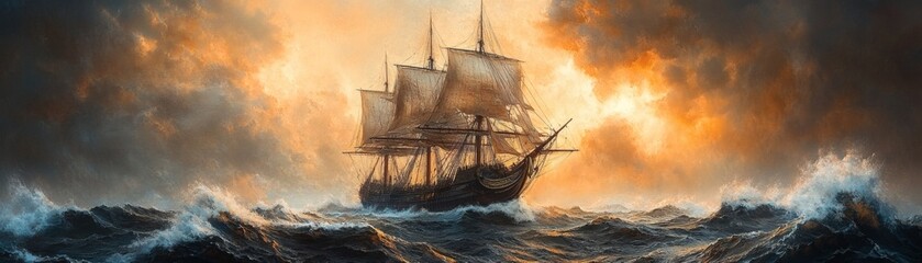 A ship sails through rough stormy seas, sails billowing in a dramatic scene of a storm