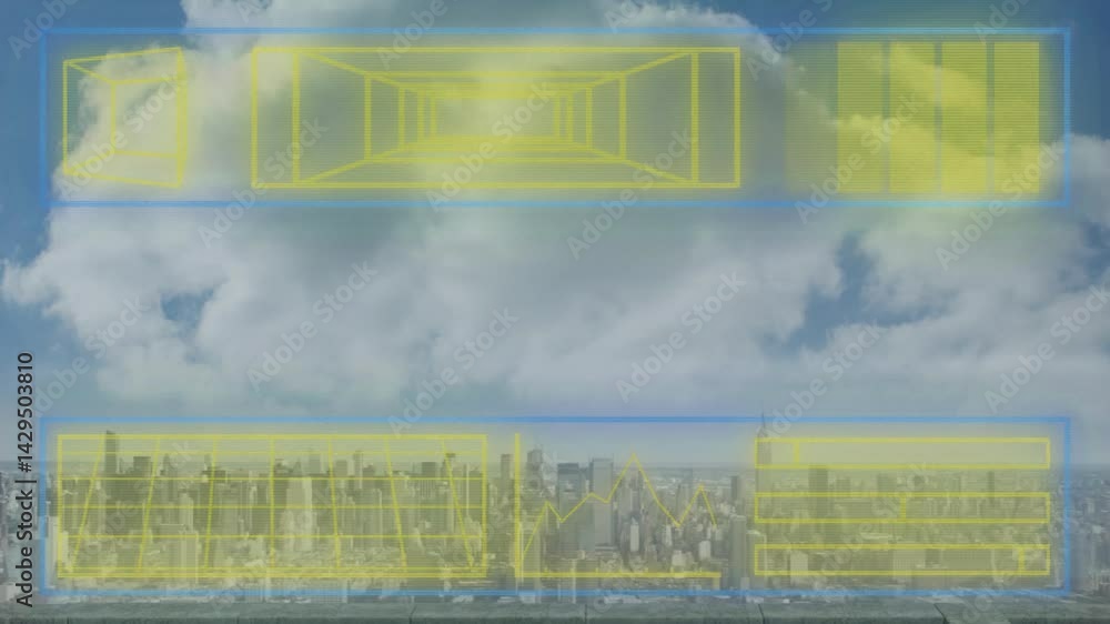 Poster digital holographic interface overlay hovering above roof skyline, showing wireframe data panels