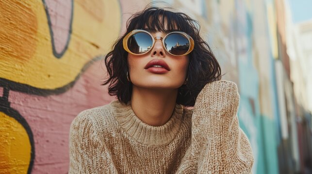 street style model in oversized sunglasses and a chunky knit sweater, posing in front of an urban mural