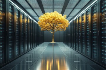 Golden tree in futuristic data center hallway