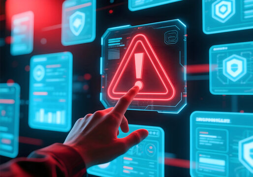 Cybersecurity alert with red warning triangle on digital touchscreen interface, hand touching system error icon, data breach and hacking threat concept
 - Powered by Adobe
