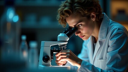 Focused Scientist Observes Through Microscope