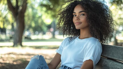 woman in a casual white tee and ripped jeans, sitting on a park bench with a relaxed, carefree vibe