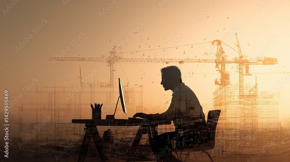 Poster architect designing on computer at desk with construction background