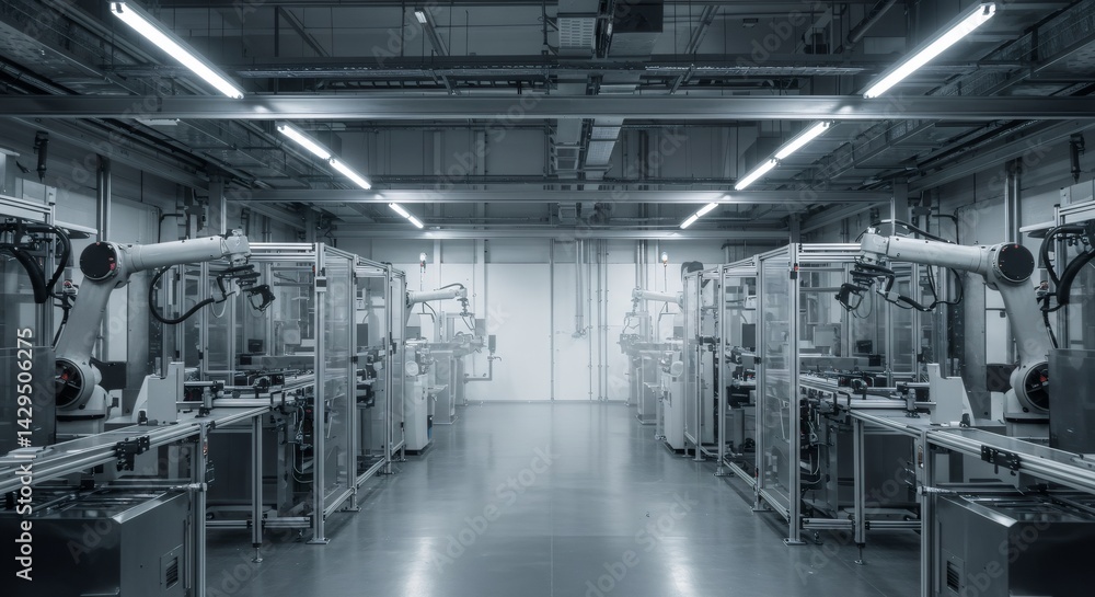 Poster robotic arms working on production line in a modern factory. automated manufacturing process in indu
