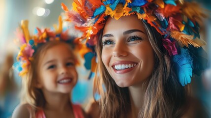 Obraz premium mother and daughter playing dress-up, trying on colorful costumes and laughing in front of a mirror