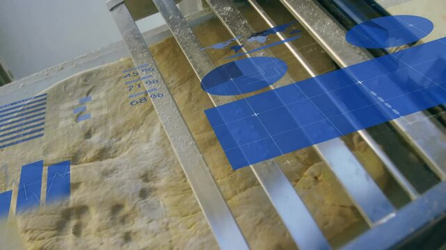 Raw dough sliding on steel slats, showing floating blue charts and percentages in flat design