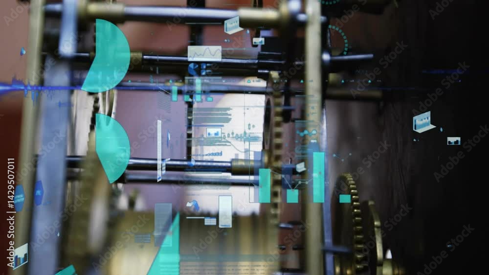 Aufkleber gear assembly merging with transparent charts and data panels showing brass cogs in 3d render
