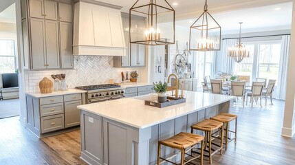 Open-concept kitchen island with light gray cabinets and white countertops.