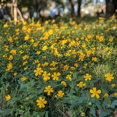 Obraz premium Vibrant Yellow Wildflowers Meadow Blooming in Sunlight