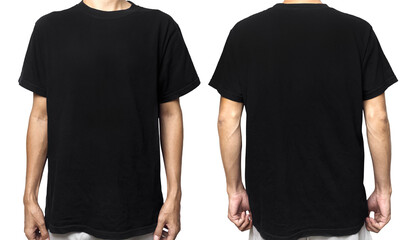 Mockup black t-shirt blank, front and back side with male model. Isolated on white background.