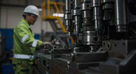 A man in safety gear operates heavy machinery in a factory, illustrating industrial production and manufacturing processes for commercial or business related concepts.