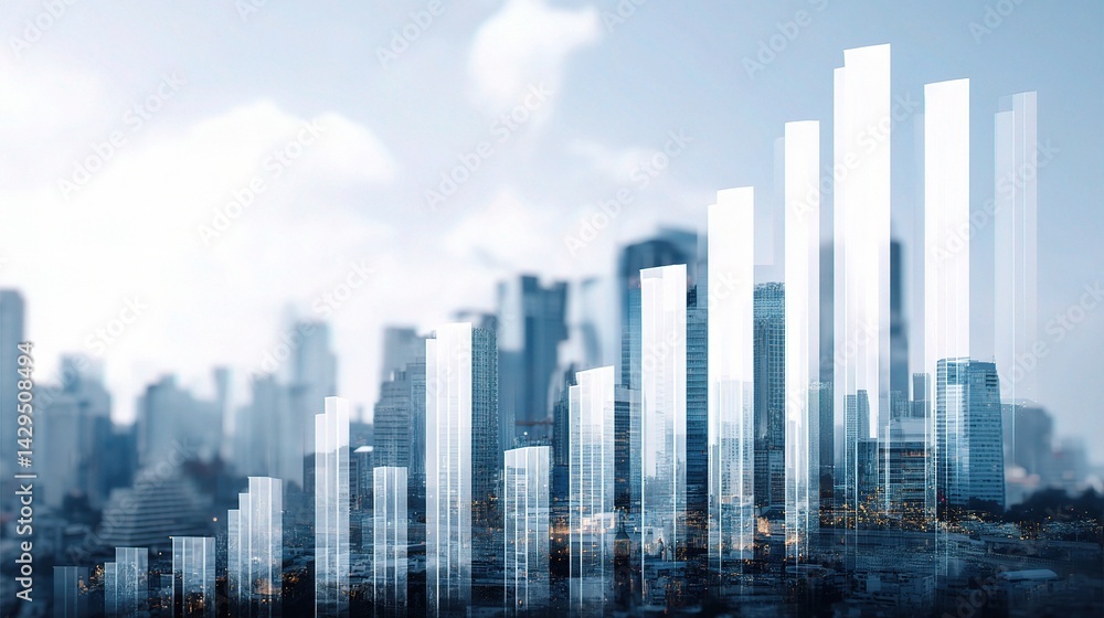 Poster double exposure of financial growth displayed in bar chart format