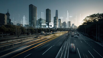 Obraz premium City Highway with 5G Signal Visualization and Charts Overlay