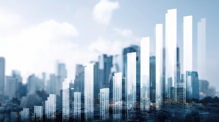 Fototapeta premium Double Exposure of Financial Growth Displayed in Bar Chart Format