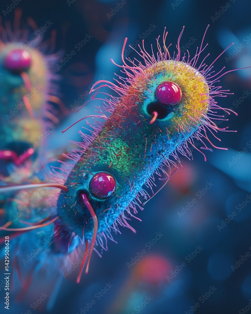 Poster digital rendering of two microorganisms with pili