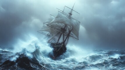 Obraz premium A ship braving a tumultuous storm on the vast ocean