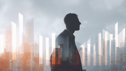 Businessperson Silhouette in City with Holographic Growth Charts