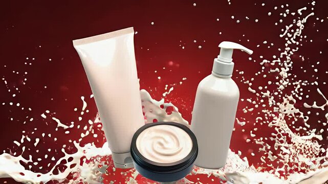 white cosmatic bottles on red background 