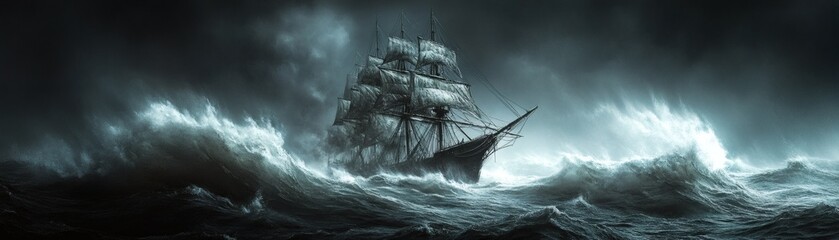 A tall ship sailing through a tumultuous storm on the ocean © Tichakon