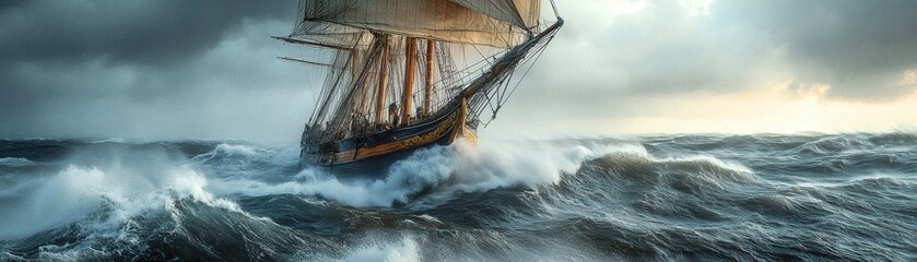 Obraz premium A sailing ship navigates through turbulent waters during a storm, showcasing its resilience against the elements