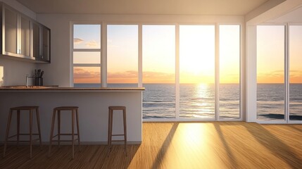 Obraz premium Coastal kitchen, bathed in sunset's golden light.