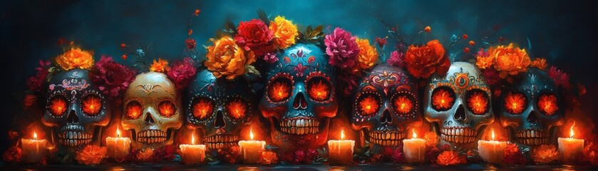 A mesmerizing array of skull decorations, candles, and vibrant flowers creating a captivating scene