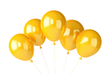 Globos de latex , inflados, color amarillo aislados sobre fondo transparente. PNG.