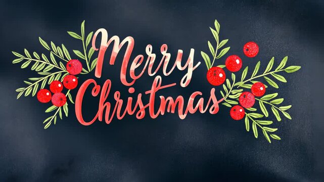 Merry Christmas Text Logo with Elegant Style Featuring Red Berries and Green Foliage on Dark Background for Holiday Greeting Card Design and Seasonal Festive Decoration